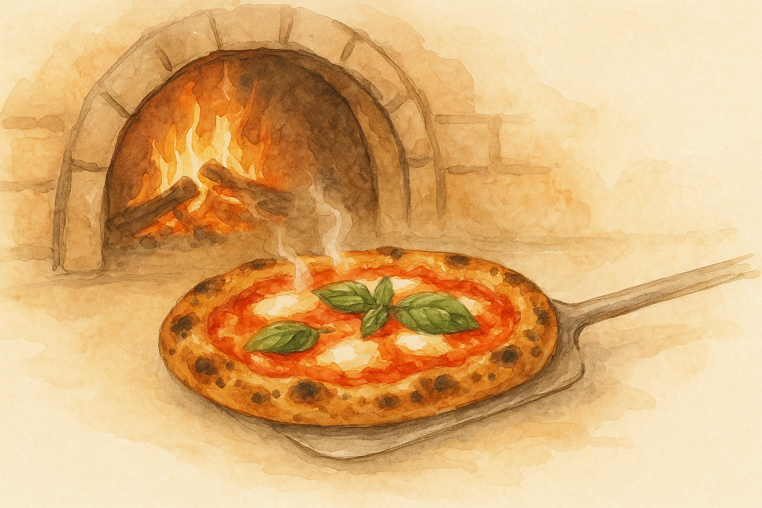 Wood-fired pizza coming out of the oven
